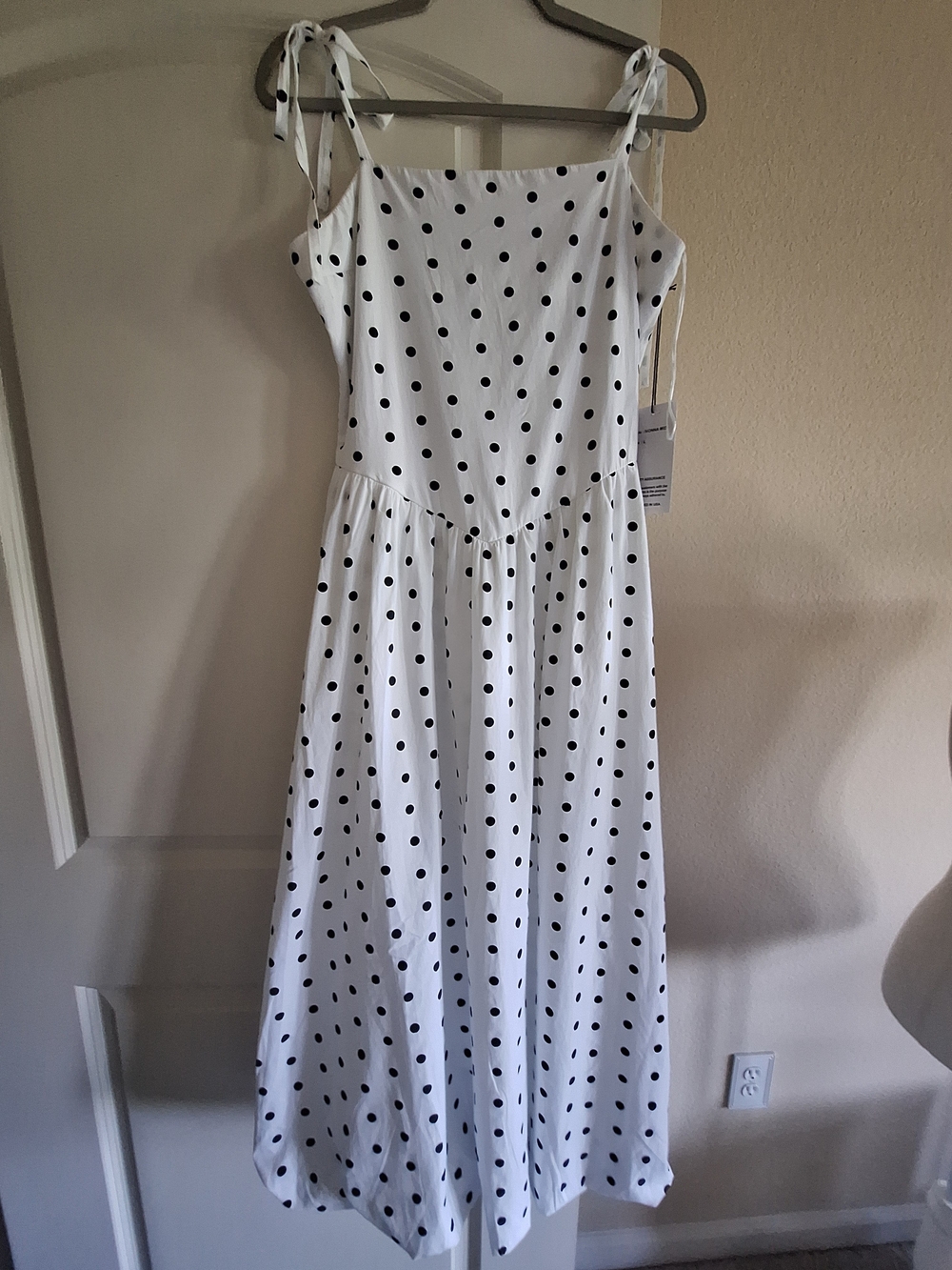 NWT White Polka Dot Tie-Strap Midi Dress Size L